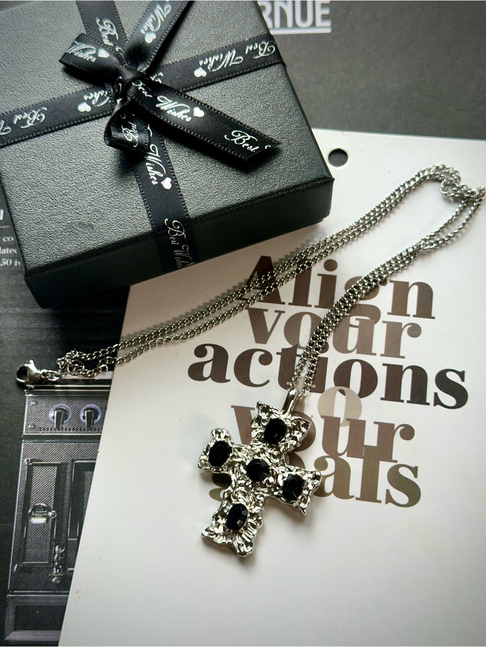 Silver Cross Pendant Necklace with Black Stones